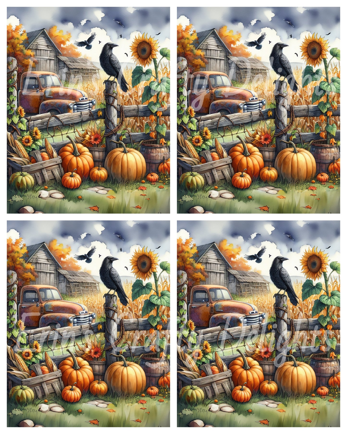 6 MS Crow, Pumpkins & Truck Mix Size Downloadable Printable Set