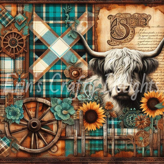 Highland Cows Turquoise and Brown Tartan Set 2