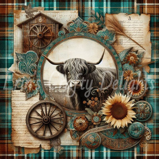 Highland Cow Turquoise and Brown Tartan 1