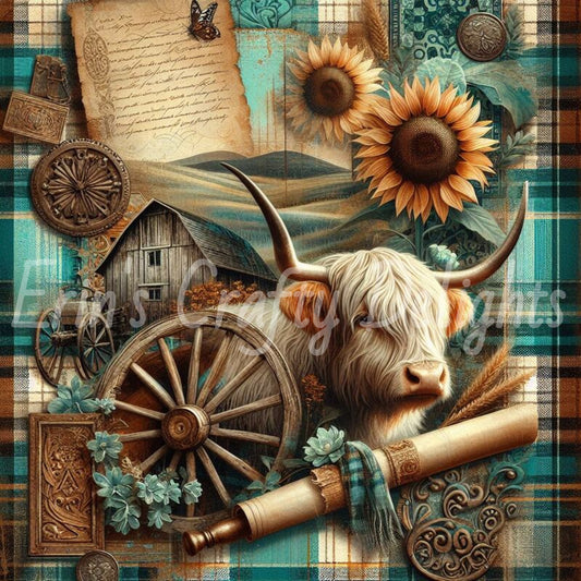 Highland Cow Turquoise and Brown Tartan 2