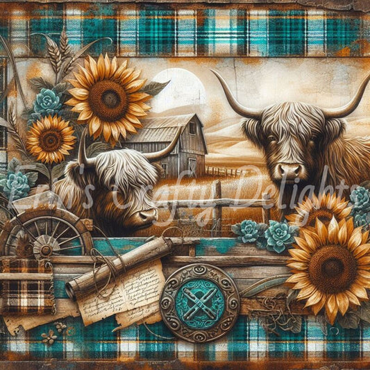 Highland Cow Turquoise and Brown Tartan 4