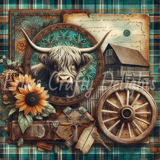 Highland Cows Turquoise and Brown Tartan Set 1