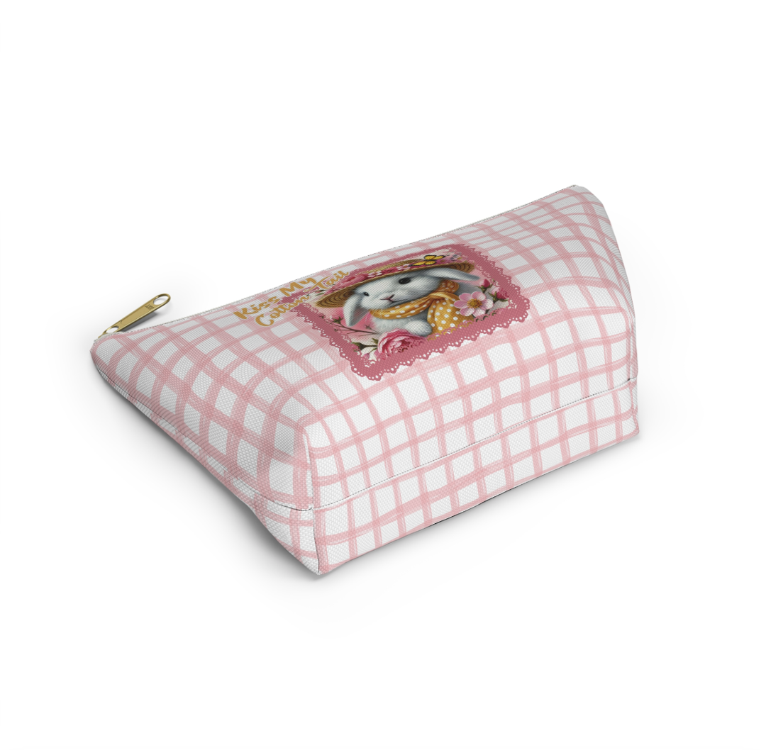 Accessory Pouch w T-bottom - Kiss My Cotton Tail! Bunny Pink Grid Pouch Design
