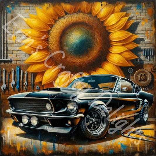 Sunflowers & Vintage Black Mustang 1