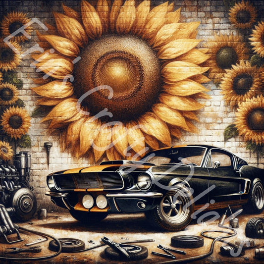 Sunflowers & Vintage Black Mustang