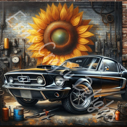 Sunflowers & Vintage Black Mustang 3