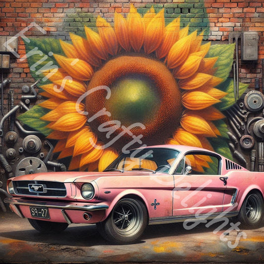 Sunflowers & Vintage Pink Mustang 1