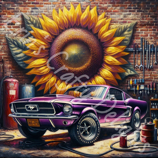 Sunflowers & Vintage Purple Mustang 1