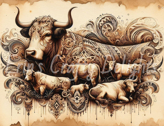 Tribal Cows and Bull on Cow Hide 1