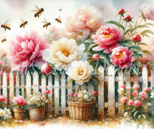 Bees, Peonies and White Picket Fence